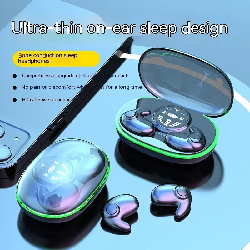 Ultra-thin sleep invisible Bluetooth earphone in black colour with charging compartment