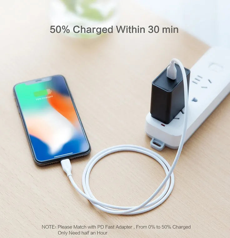 White USB-C to Lightning charging cable with nylon braiding shown at full 2-metre length