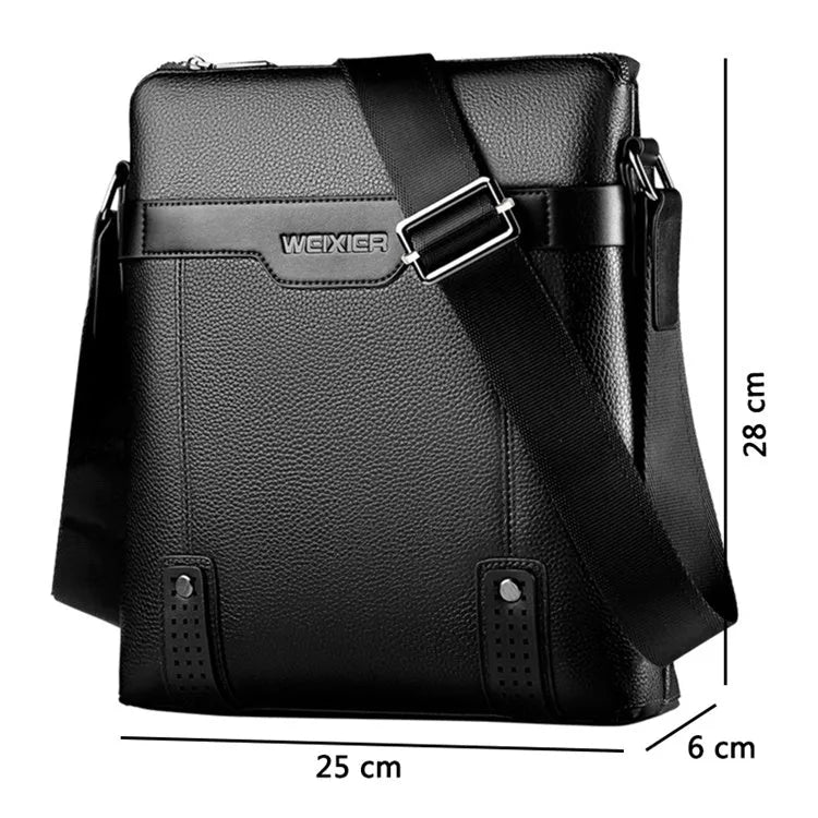 Men's fashion PU leather messenger bag with zipper closure in black, solid pattern, interior phone pocket