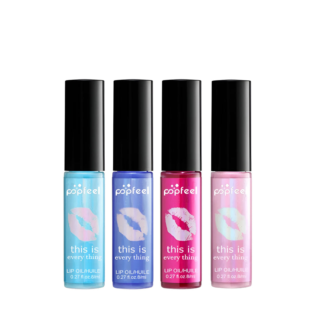 Transparent lip gloss with multivitamins in four colour shades Light Blue Navy Blue Pink Rose Red