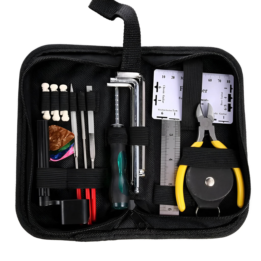 Black zippered case open to reveal 21 metal and plastic guitar repair tools including cutters, wrenches, and a winder.