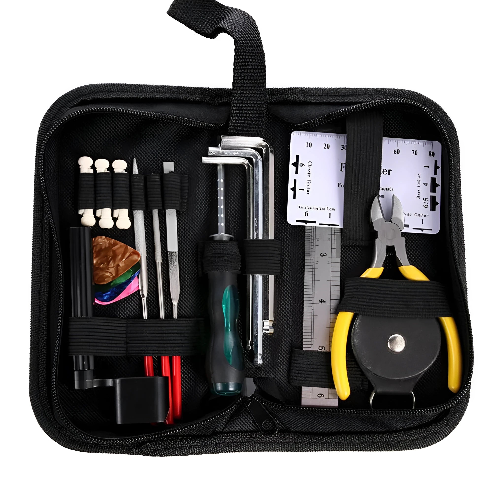 Black zippered case open to reveal 21 metal and plastic guitar repair tools including cutters, wrenches, and a winder.