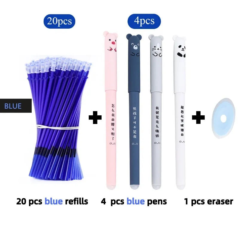 0.5mm erasable pen set with needle tip, refills and caps in black, blue and red colours