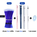 0.5mm erasable pen set with needle tip, refills and caps in black, blue and red colours