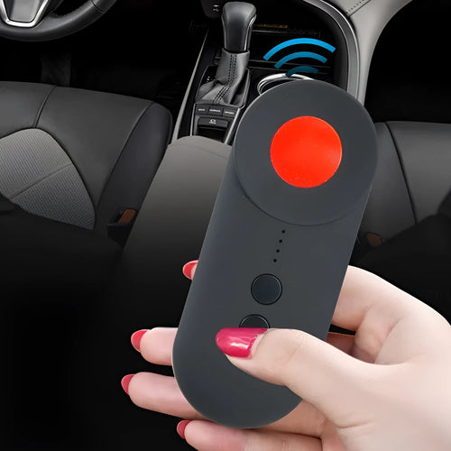 Black ABS handheld GPS and camera lens detector with a USB charging port.