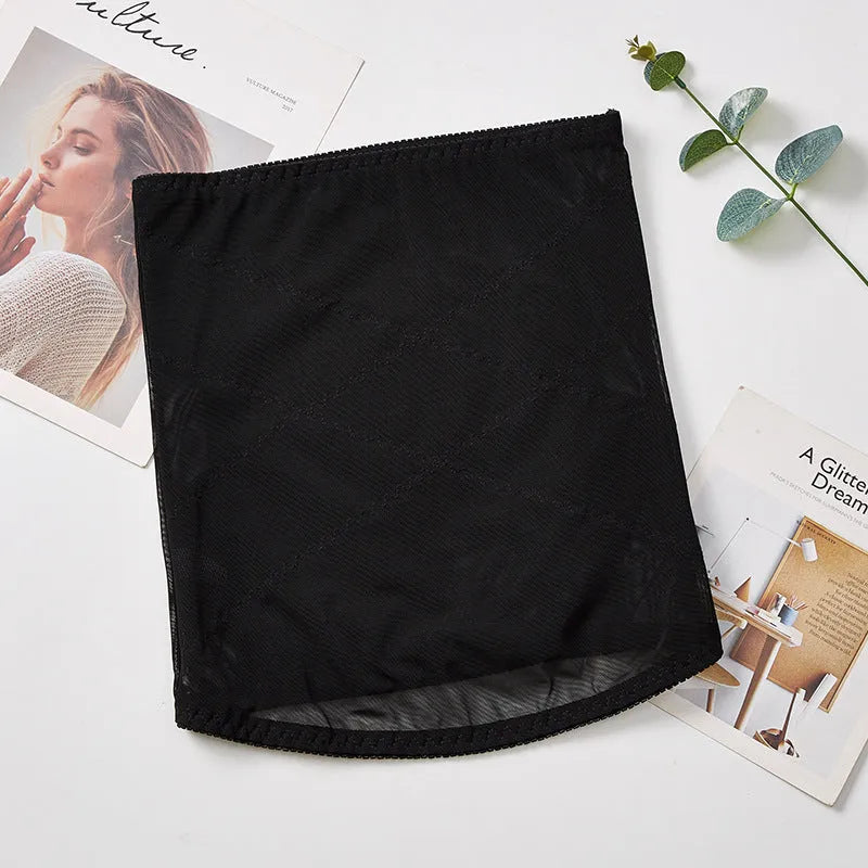 Mesh belly band body sculpting strap in black or skin colour with cross waistband design