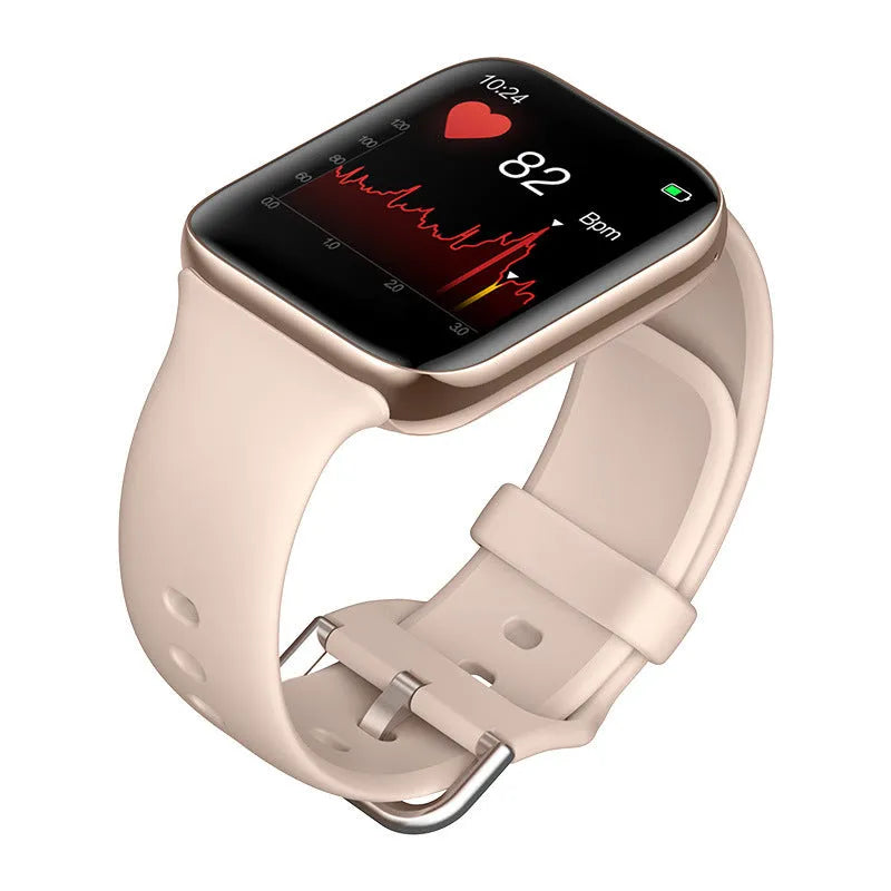 Smart bracelet with colour screen on a silicone strap, showing Bluetooth call and blood pressure display.