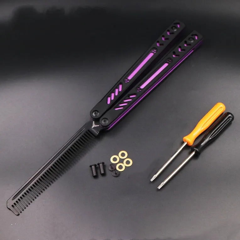 Unbladed aluminium butterfly knife trainer with G10 grip patches showing 25.5cm length and black finish