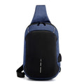 Dark blue Oxford cloth chest bag with a zipper, worn on the chest, showing its square shape and single strap.