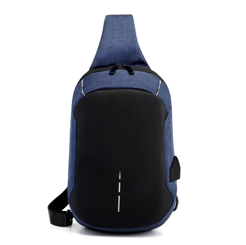Dark blue Oxford cloth chest bag with a zipper, worn on the chest, showing its square shape and single strap.