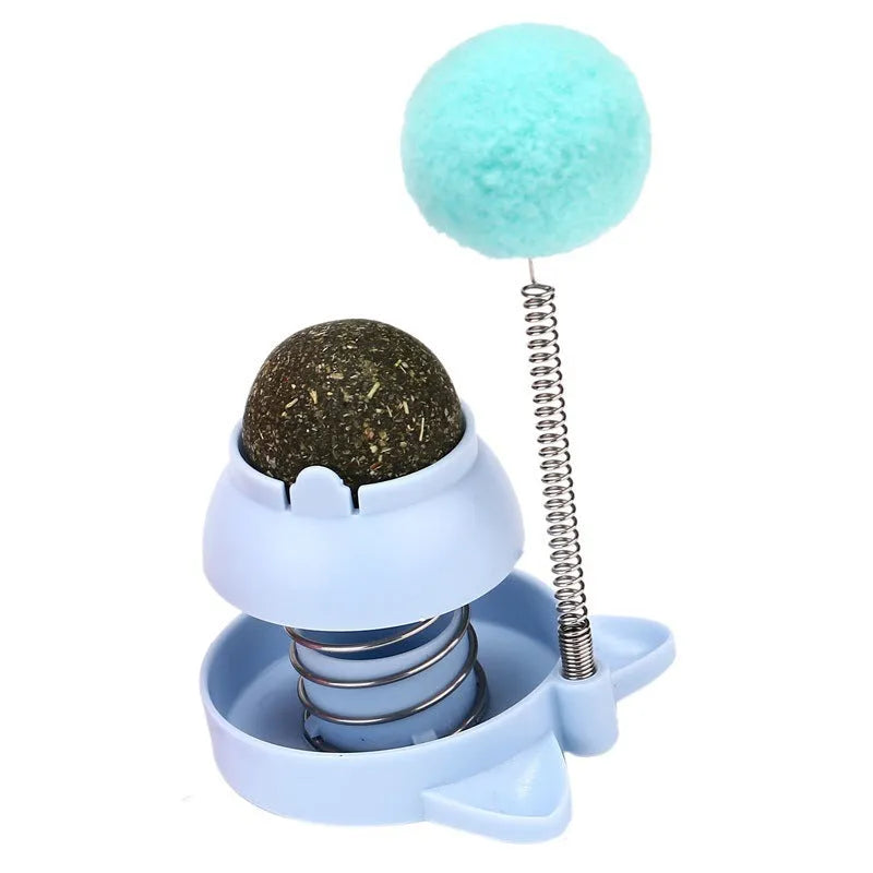 Lucky cat mint ball toy with self-hi feature in blue, orange, and pink colours for cats.