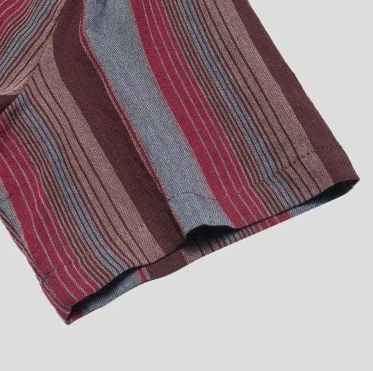Men's cotton blended long sleeve striped shirt with stand-up collar in red, front view