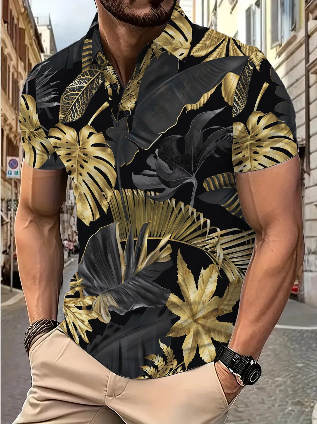 Men's gold tropical plant pattern short sleeve shirt on hanger showing front print detail