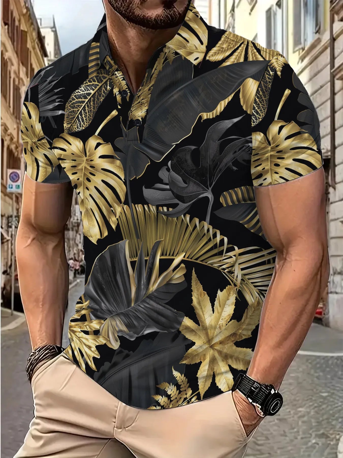 Men's gold tropical plant pattern short sleeve shirt on hanger showing front print detail