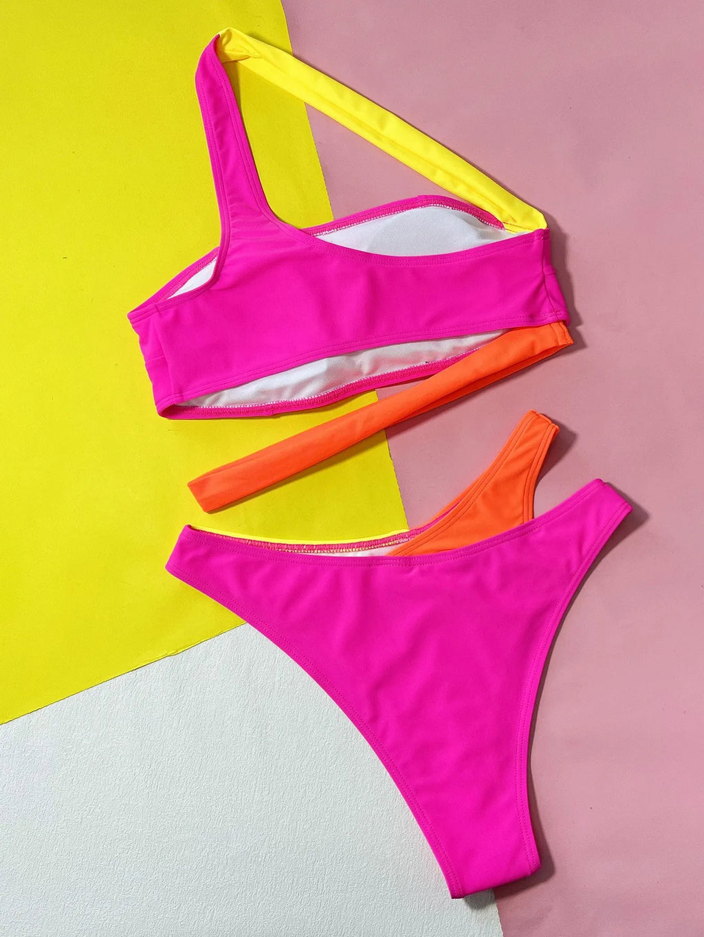 Rose red hollow contrast colour split brief bikini swimsuit with bra and panties set