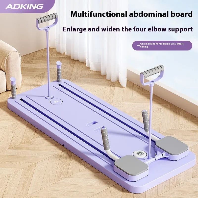Standard purple multifunctional fitness board with integrated automatic rebound abdominal wheel for home workouts.