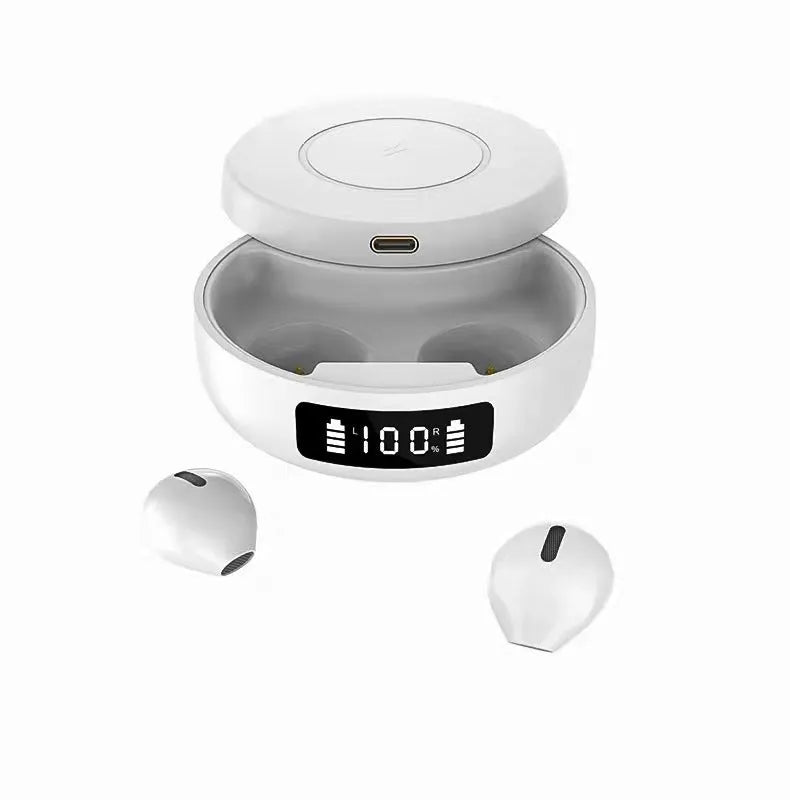Mini semi-in-ear wireless headphones in black, colour, or white with charging compartment