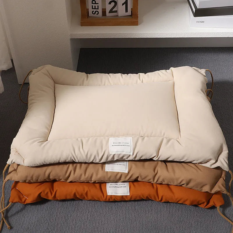 Tied cage cushion pet nest in beige, coffee or orange colours showing four size options for small dogs and cats