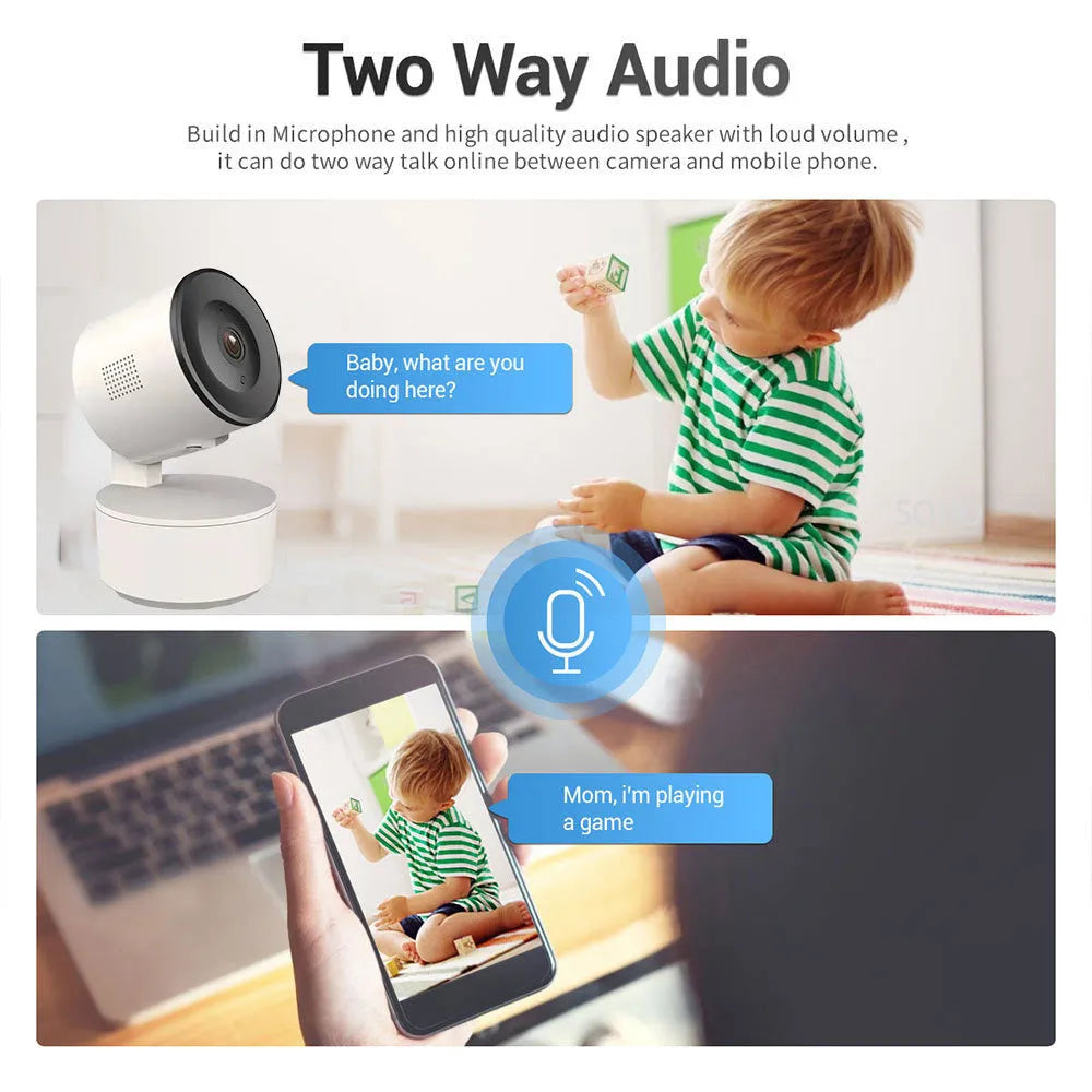 White indoor WiFi security camera with 1080P resolution and automatic motion tracking on a desktop stand