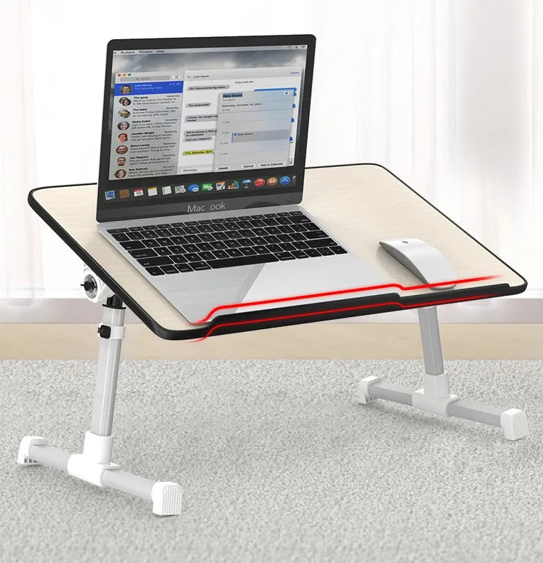 Adjustable laptop desk stand with wood-based panel, folded flat on a surface, 52x30 cm black colour