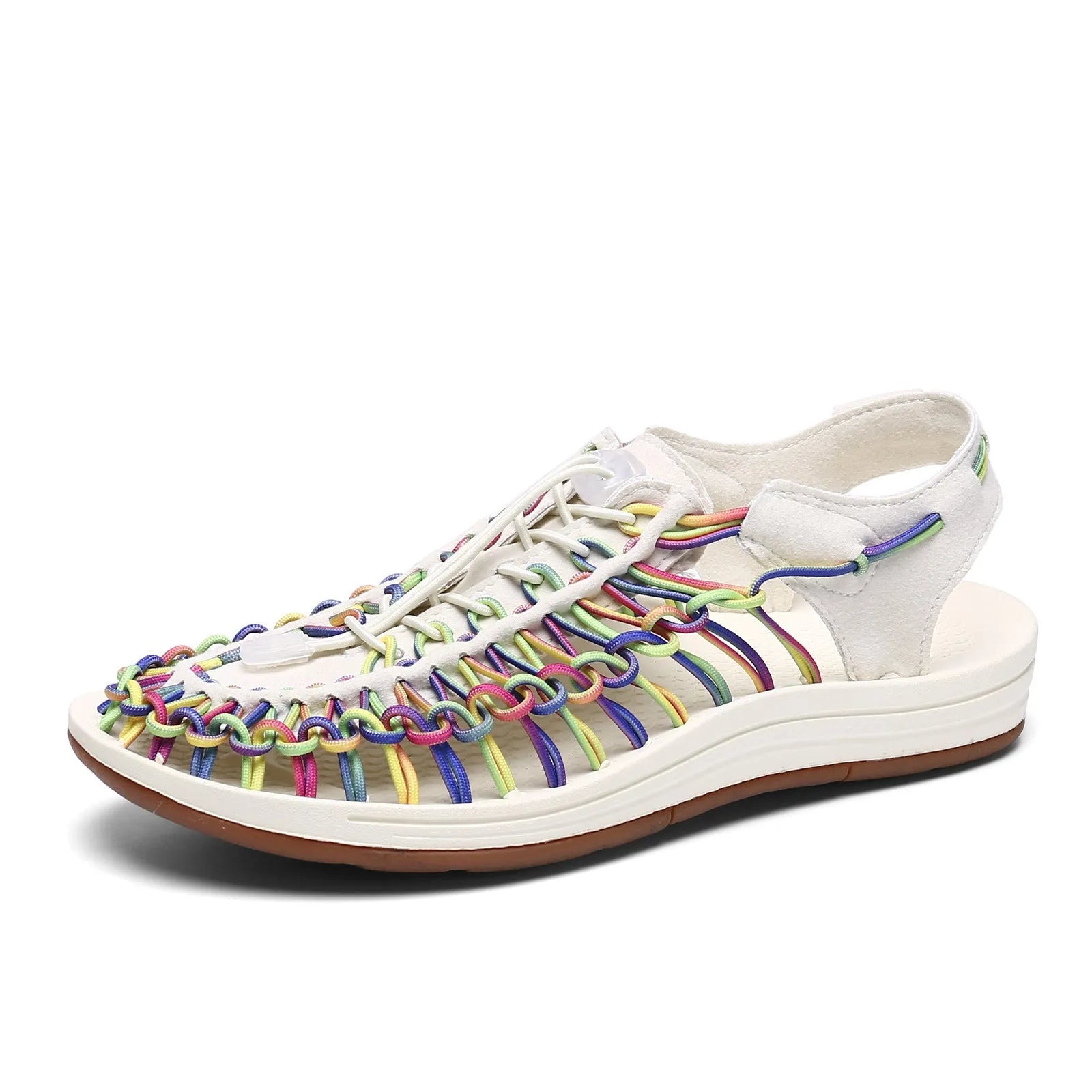 Woven sandals with an elastic drawstring tie closure in a rainbow colour option