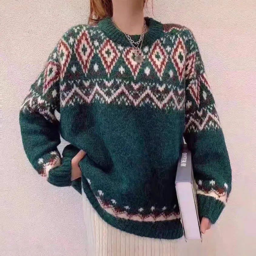Loose retro striped pullover knitted top in red or white with long sleeves