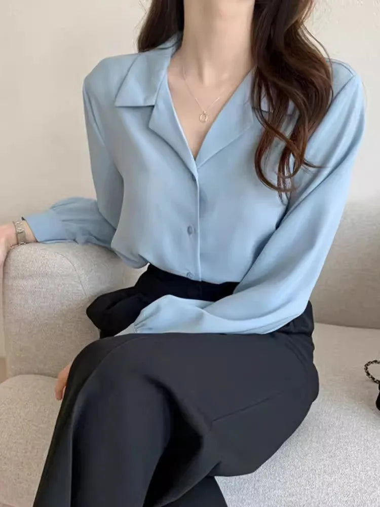 Simple suit collar chiffon shirt women's long sleeve loose cardigan style in white
