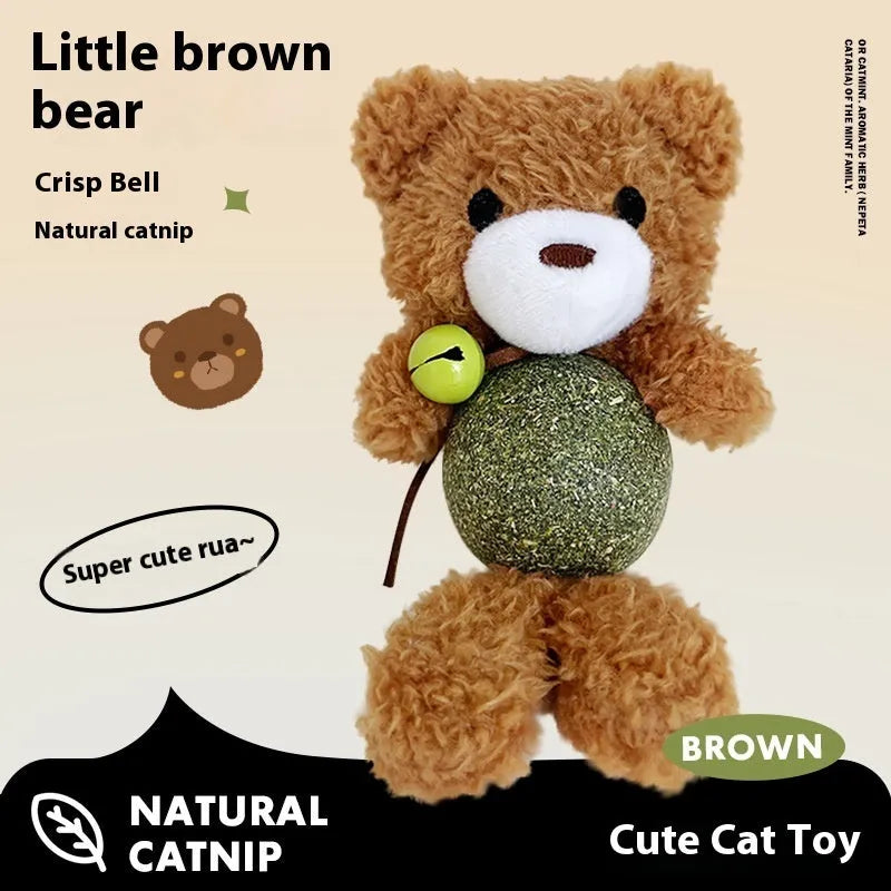 Soft brown bear plush cat toy with a 4cm mint ball inside, measuring 15cm tall.