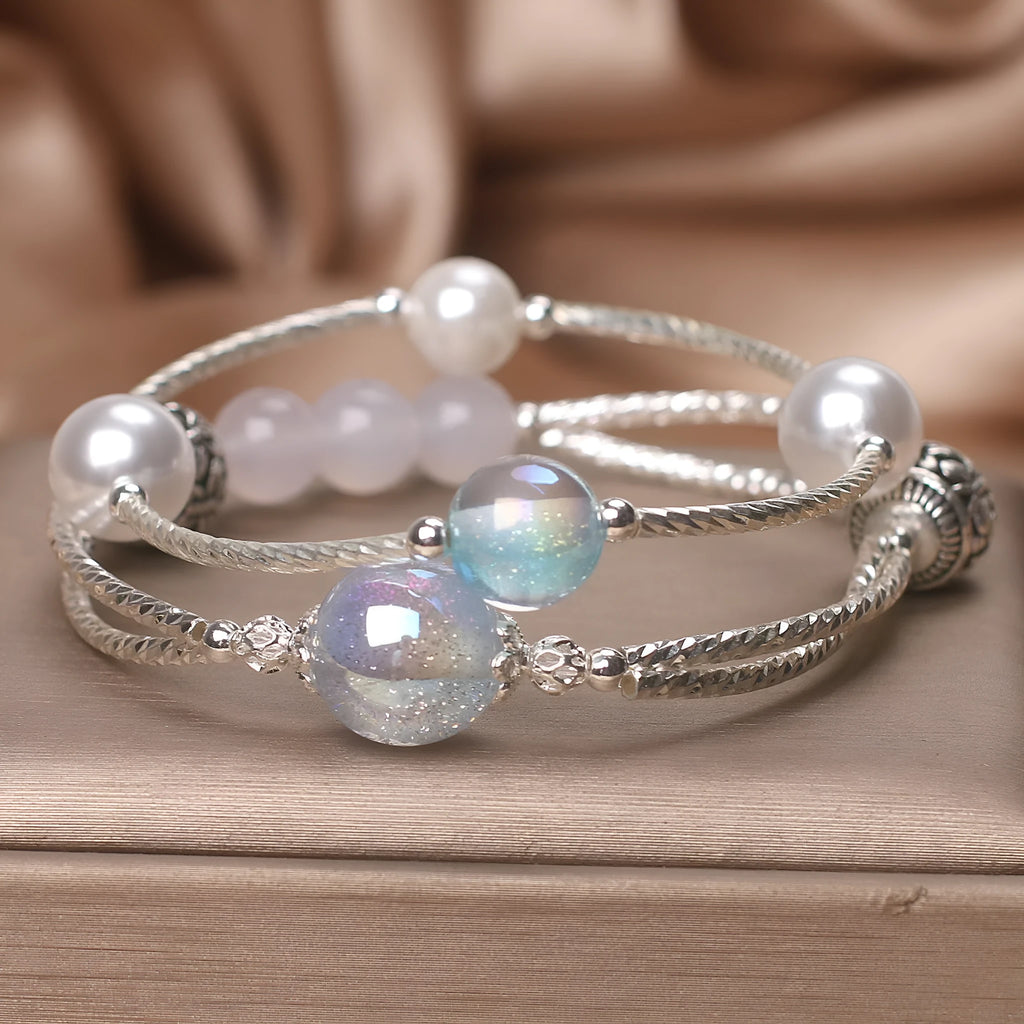 Light blue agate multi-circle twin crystal bracelet for women ethnic style