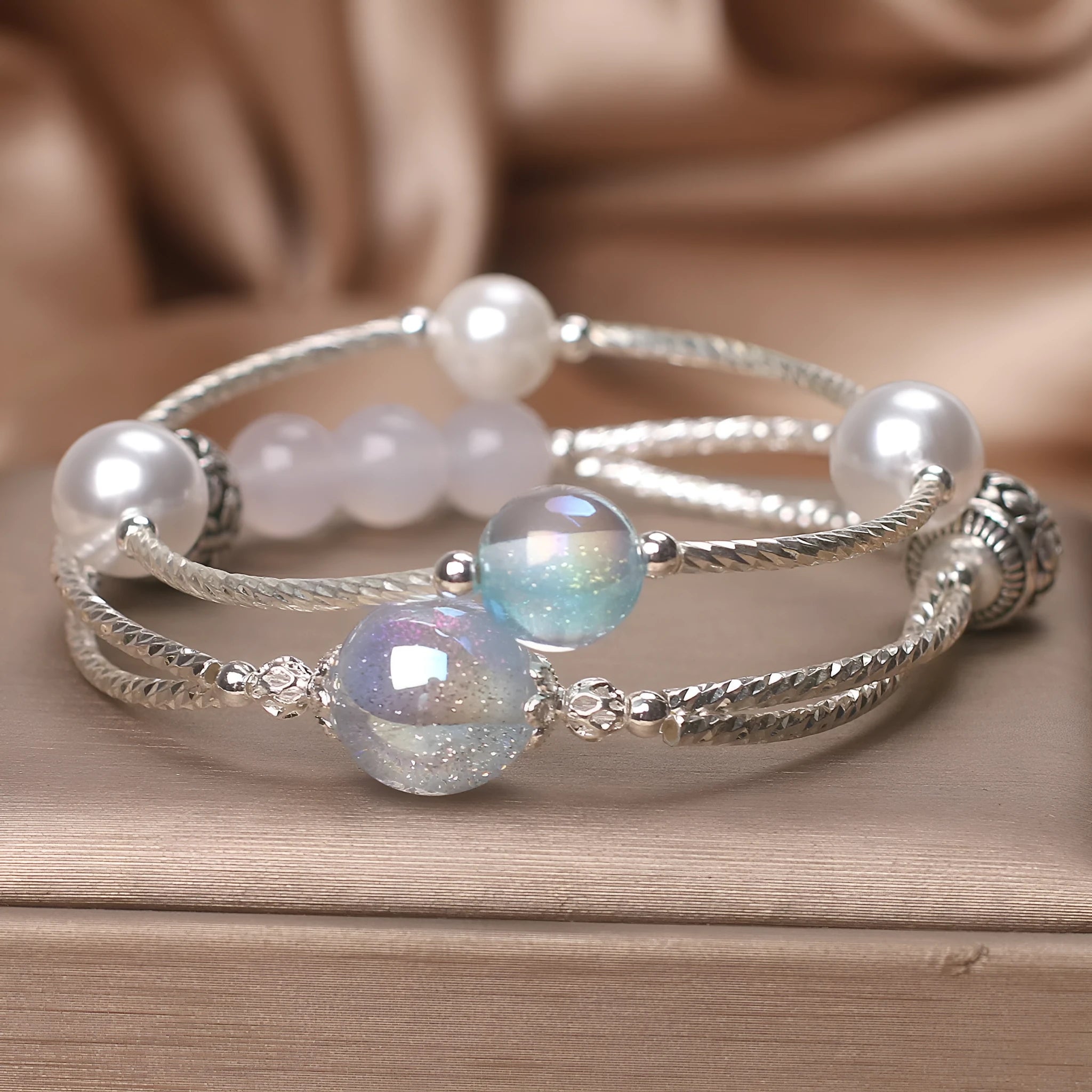 Light blue agate multi-circle twin crystal bracelet for women ethnic style