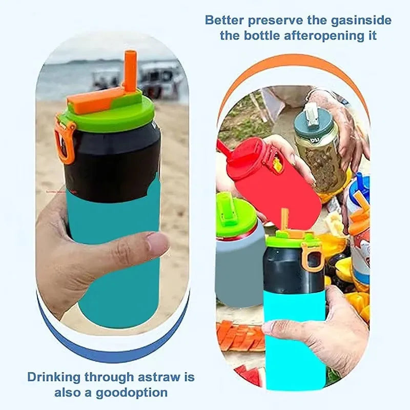 Reusable plastic soda can lid with straw in blue colour on a standard aluminium can