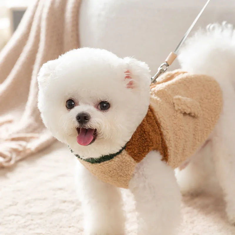 Color-block pet fleece jacket with squirrel patch in green brown beige for small dogs