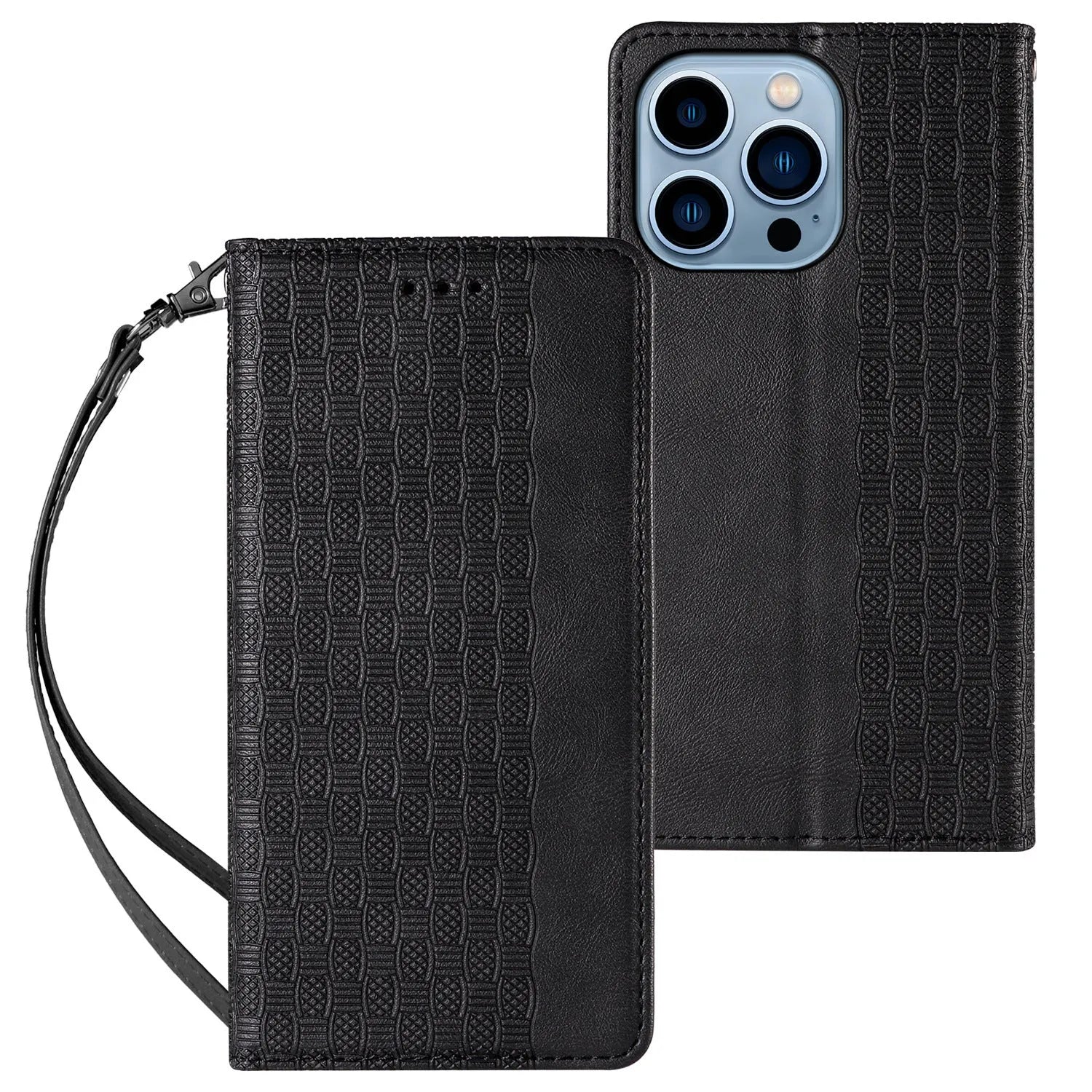 Embossed leather-style flip phone case for iPhone shown in black, brown, blue, and red colours.