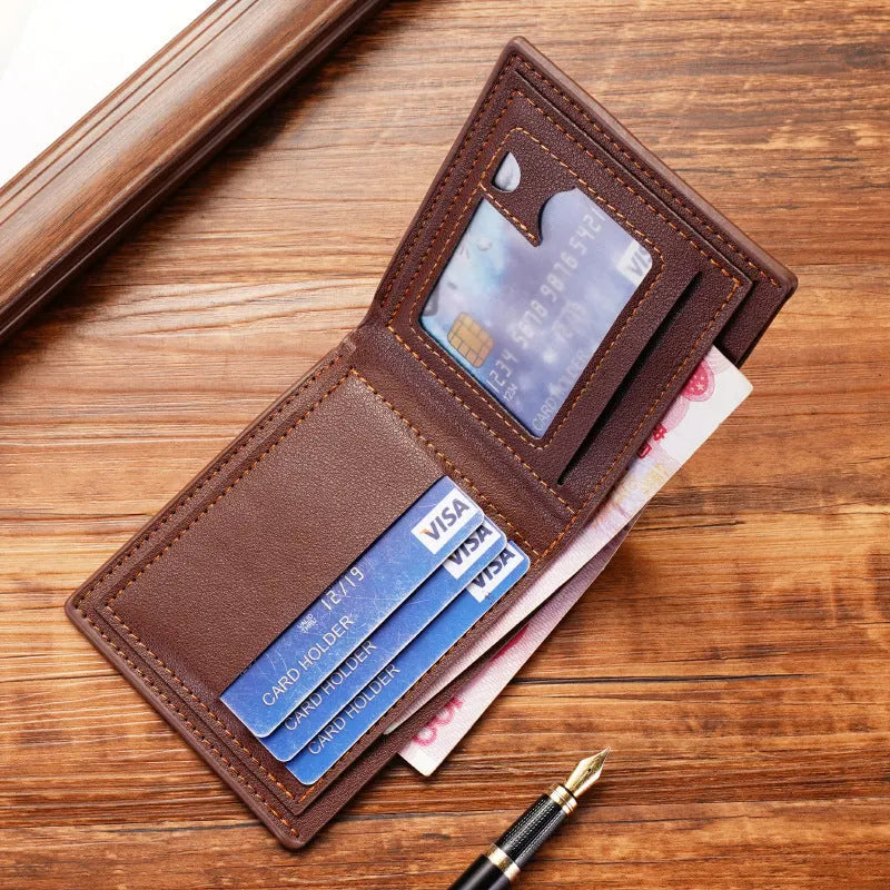 Men's thin three-fold horizontal wallet showing multiple card slots in soft PU leather