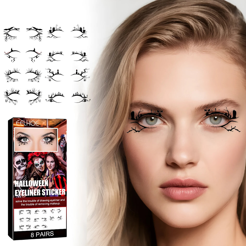 Pack of black bat and spider shaped eyeliner stickers for Gothic Halloween makeup.