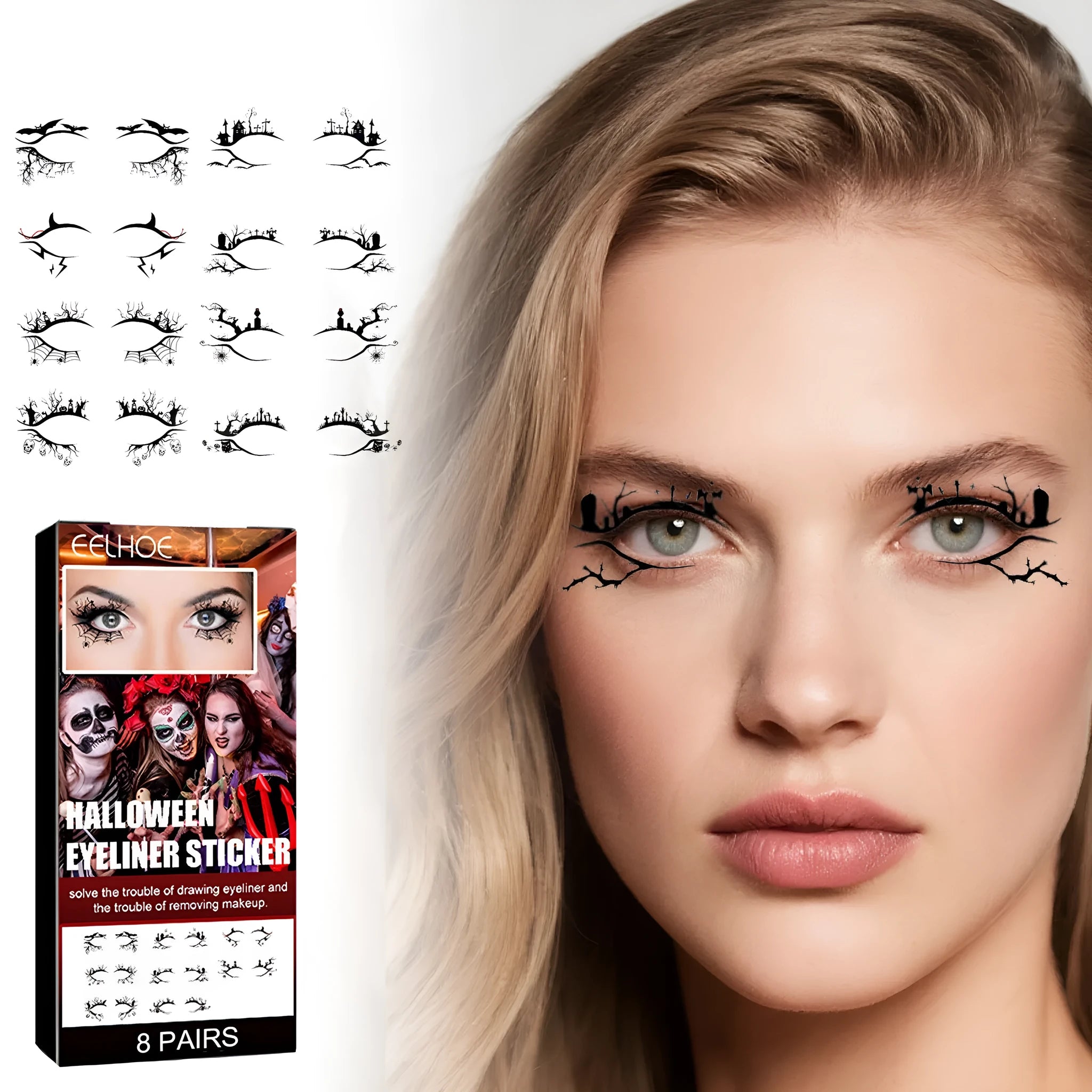 Pack of black bat and spider shaped eyeliner stickers for Gothic Halloween makeup.