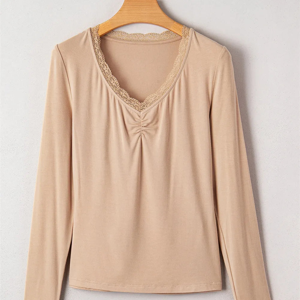 Women's red casual top with lace trim detailing and long sleeves in slim fit Japanese Korean style