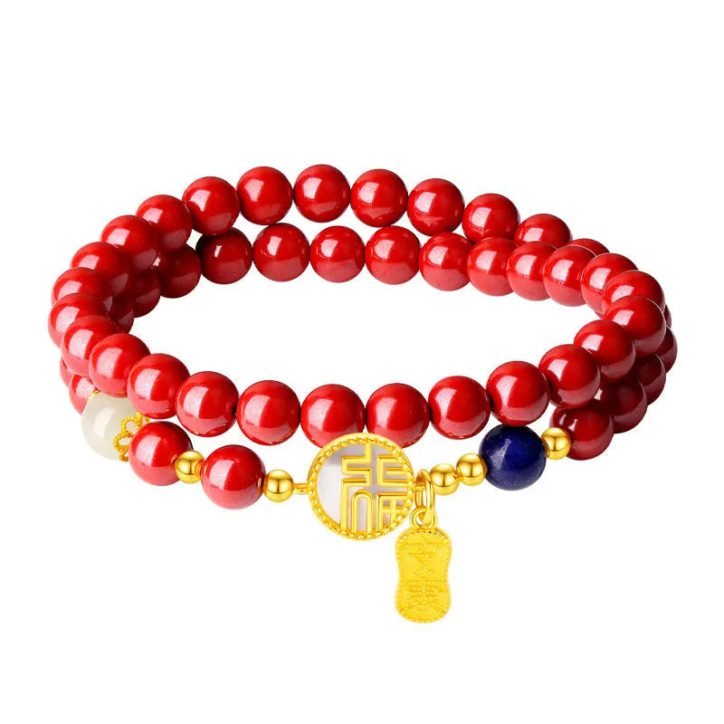 S925 sterling silver bracelet with white shell blessing card charm and cinnabar red accents