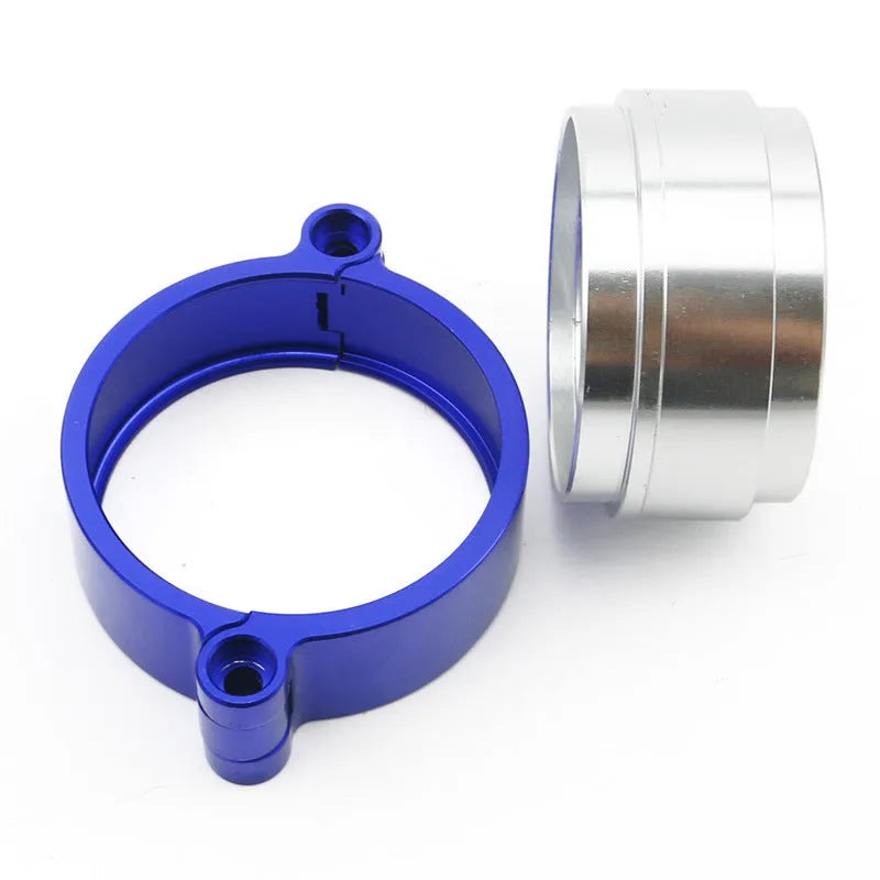 Aluminium fixed movement exhaust clamp for turbo downspouts in black, blue, and red colour options.