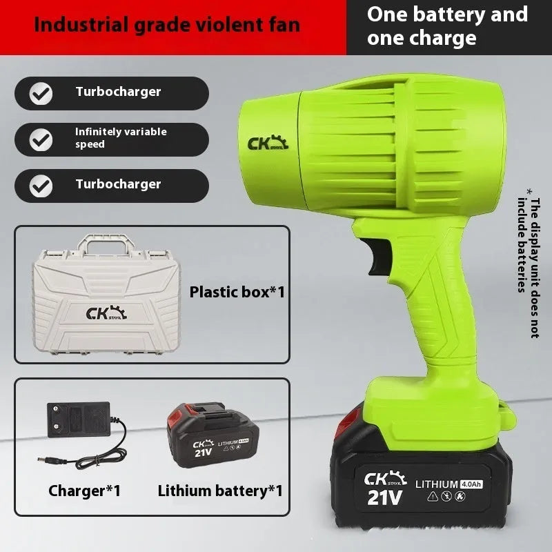 Brushless turbo fan industrial hair dryer with 21V lithium battery in green colour