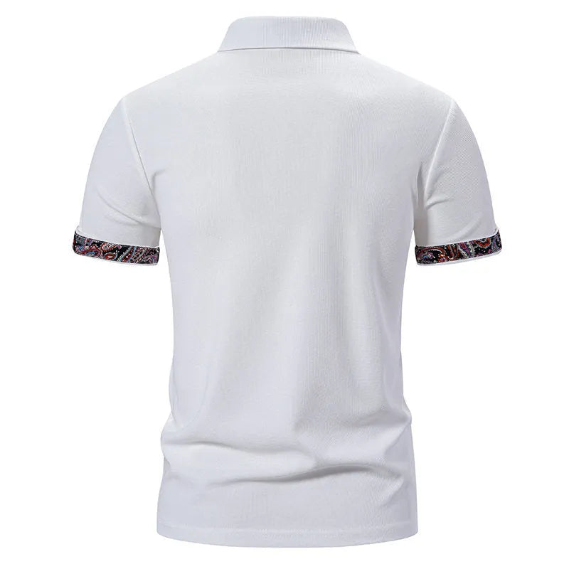 Men's navy blue polo shirt with turnover collar and contrast colour stitching on short sleeves.