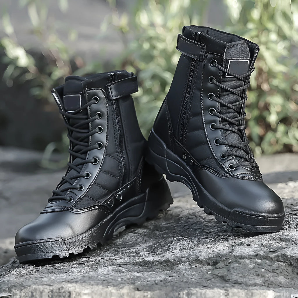 Desert combat boots in black and sand colours microfiber leather unisex outdoor footwear