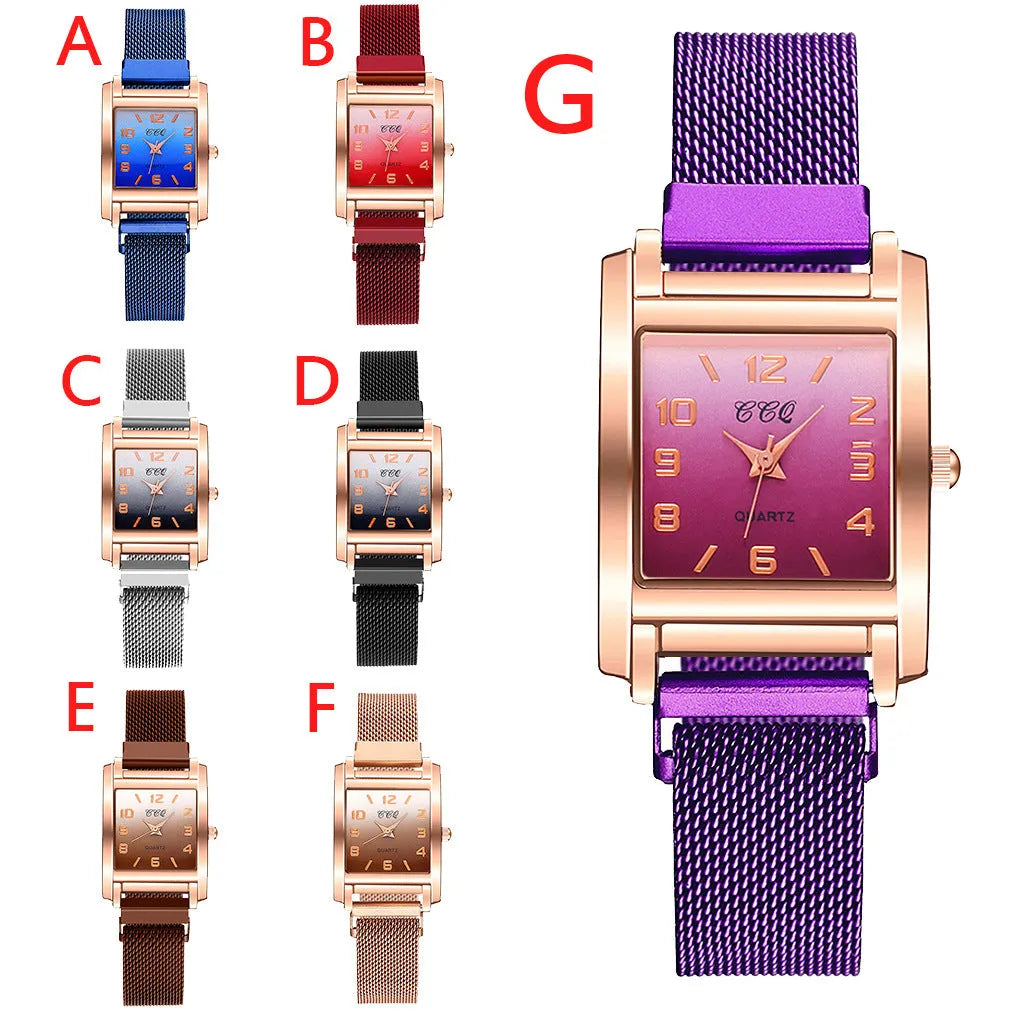 Magnetic buckle casual quartz female watch in rose gold with rectangular alloy dial