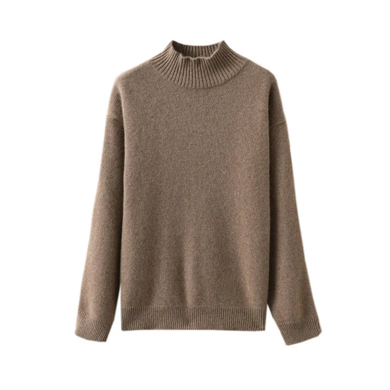 Women's solid colour acrylic knitted crew neck long sleeve top in gray, front view, casual urban style