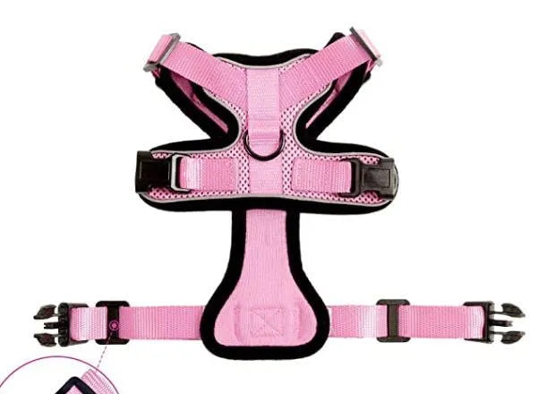Escape proof cat vest harness in black with reflective trim and car seat belt adapter leash