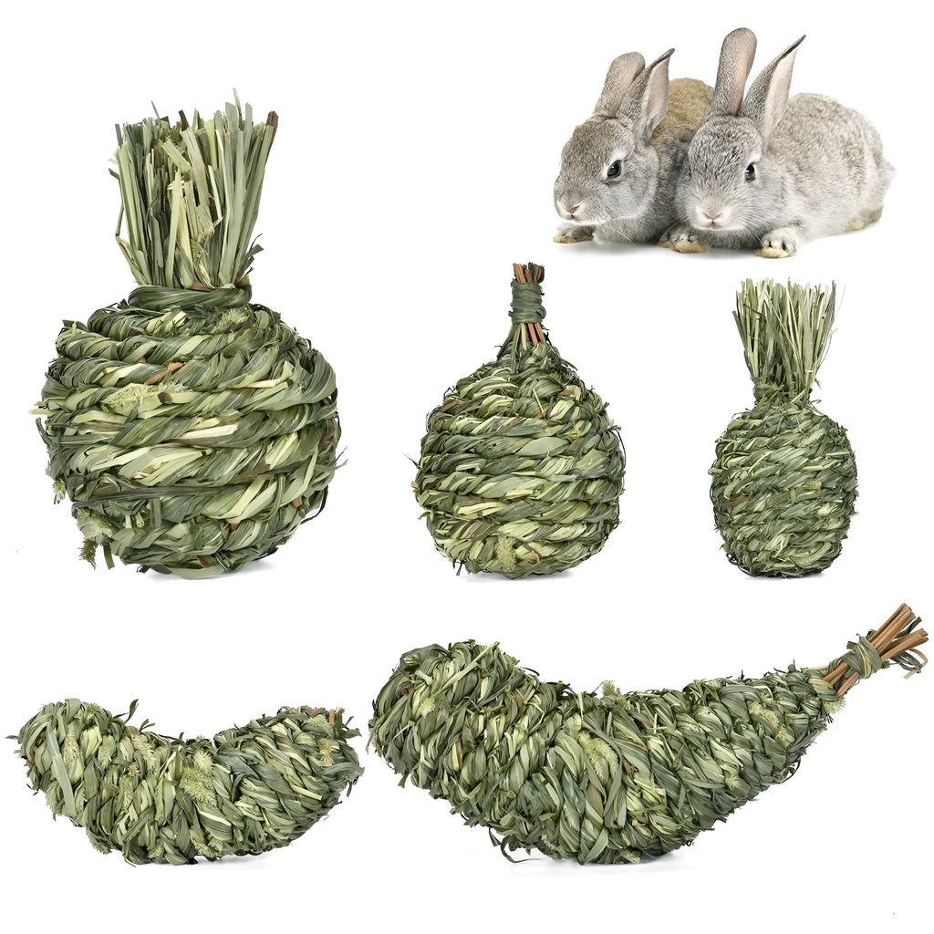 Natural timothy grass pet toy shaped like an eggplant, on a light background