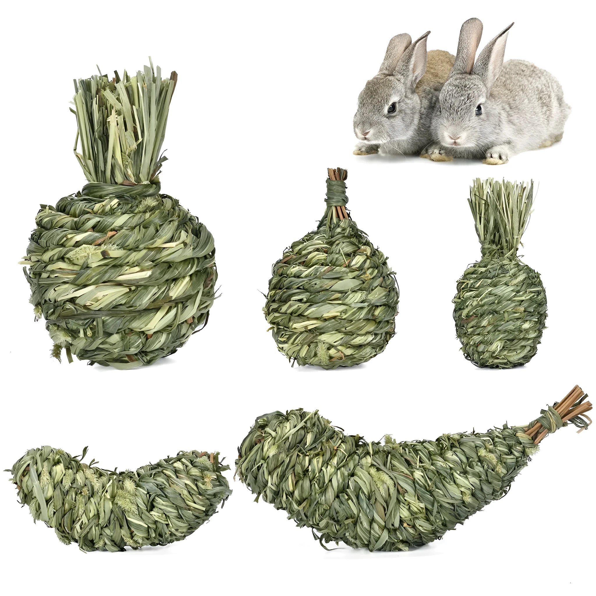Natural timothy grass pet toy shaped like an eggplant, on a light background