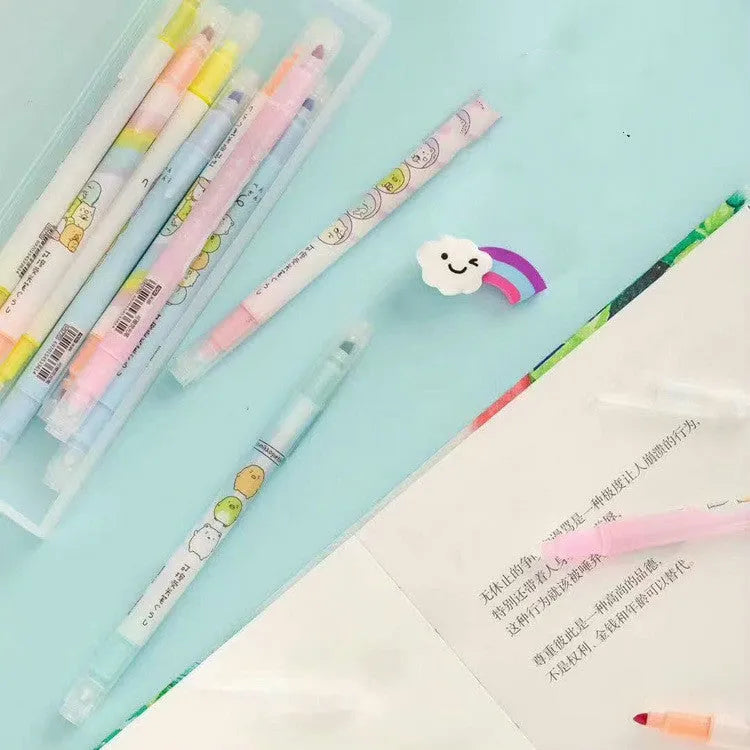 Set of eight erasable plastic highlighters measuring 16cm each with a neutral pen
