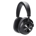 Black wireless Bluetooth headset with head-mounted design and battery display