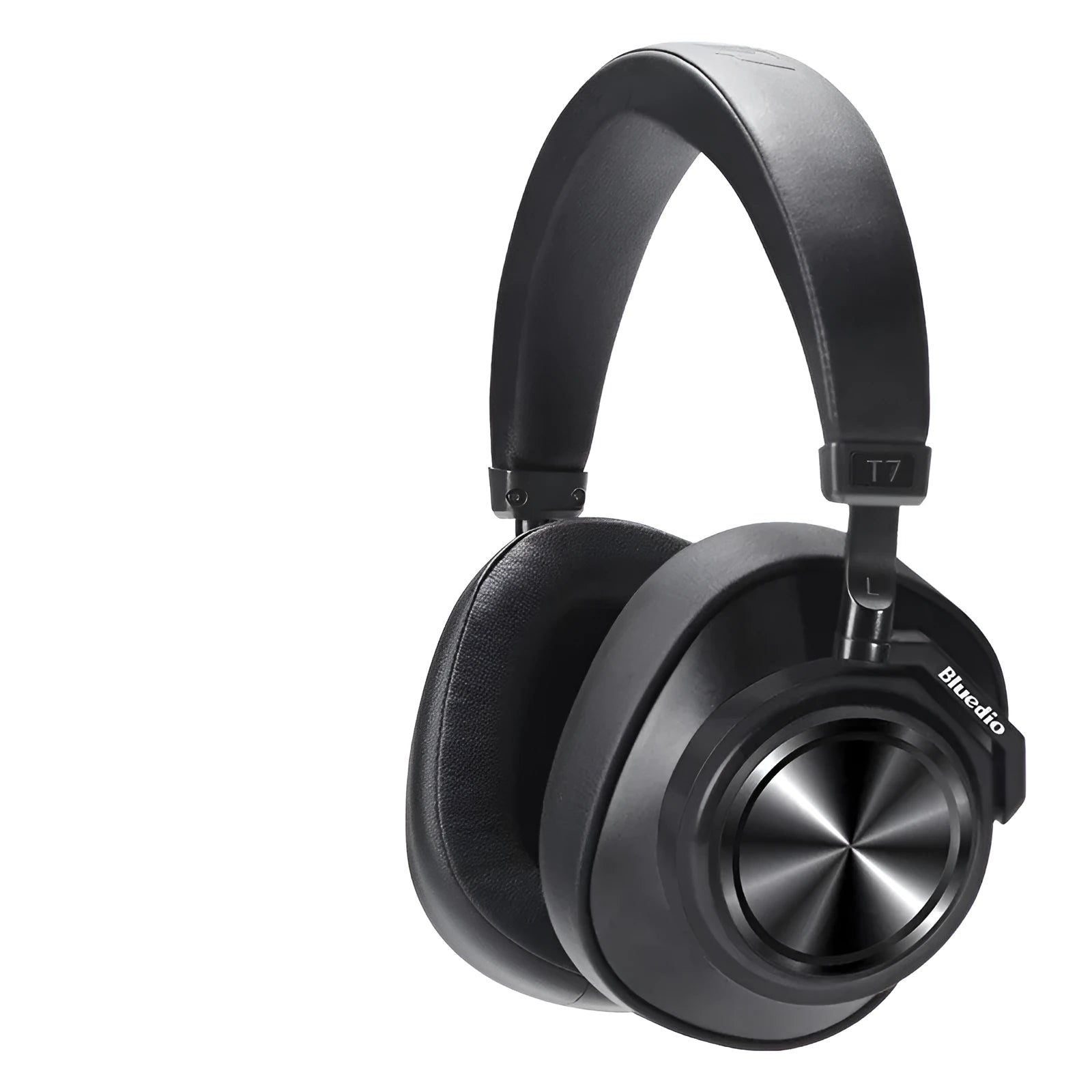 Black wireless Bluetooth headset with head-mounted design and battery display